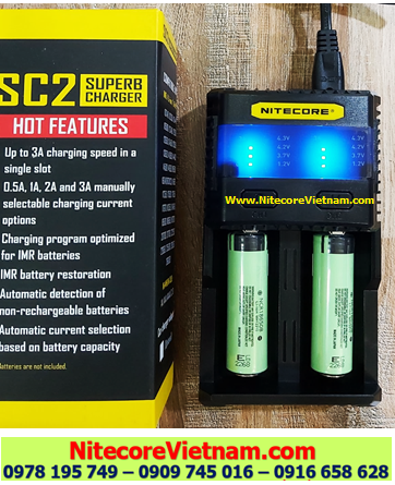 Nitecore SC2 (Bộ sạc Nitecore SC2 kèm sẳn 02 pin SẠC 18650 Panasonic NCR18650B 3400mAh lithium 3.7v) chính hãng